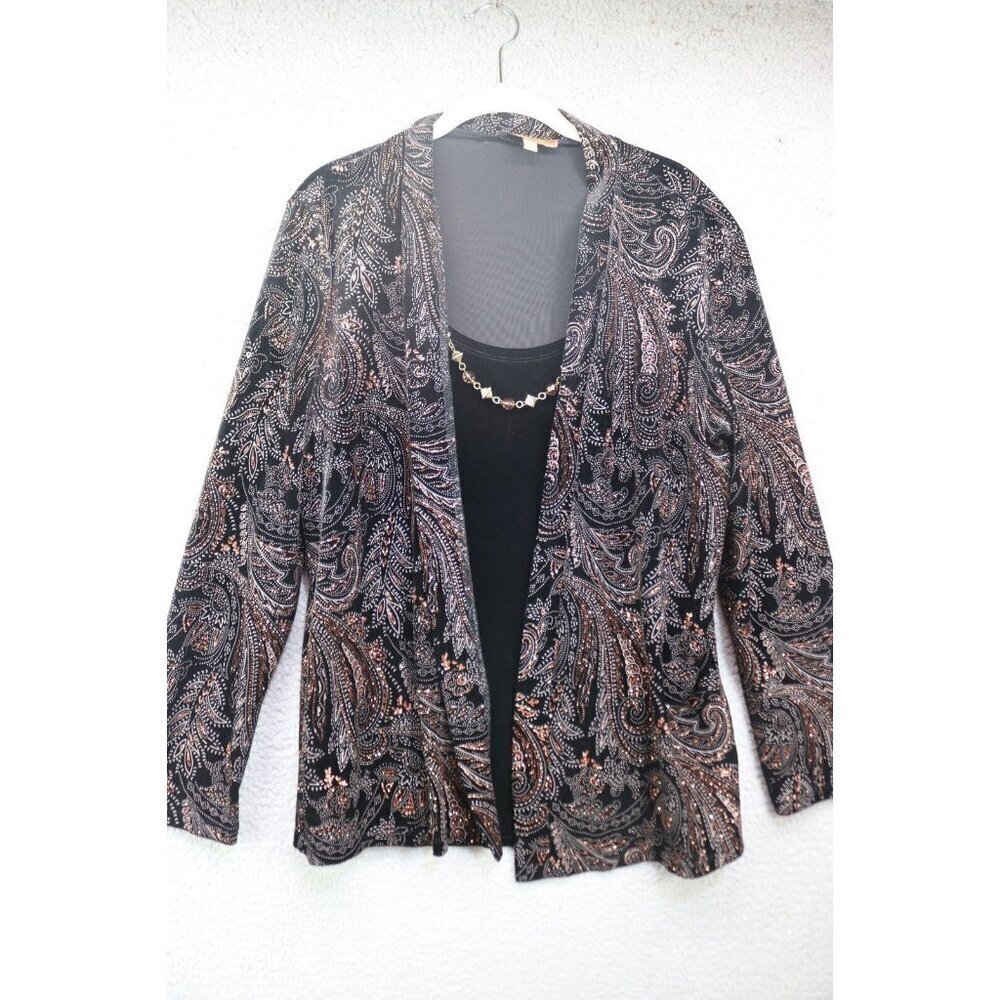 Notations Black w/Gold Designs Embroidered Top-Attached Necklace-Velvet-1X